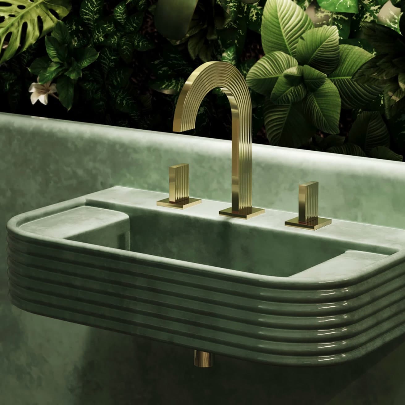 Sage-green ribbed wall-mounted sink with fluted gold Art Deco faucet against a living plant wall (1 of 2)