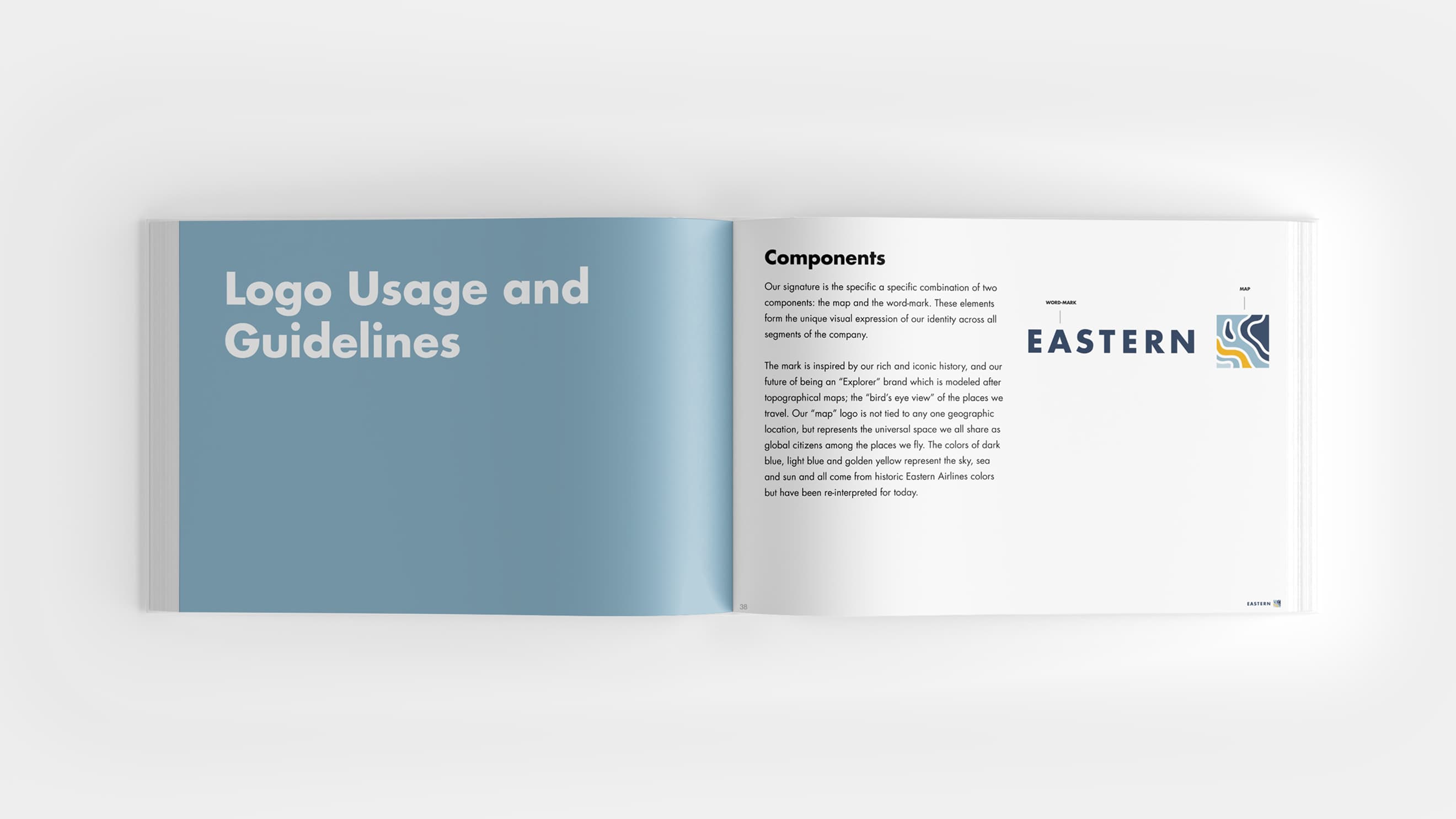 Brand book spread on white, open to a blue gradient page reading 'Logo Usage and Guidelines’ opposite a 'Components’ page explaining the…