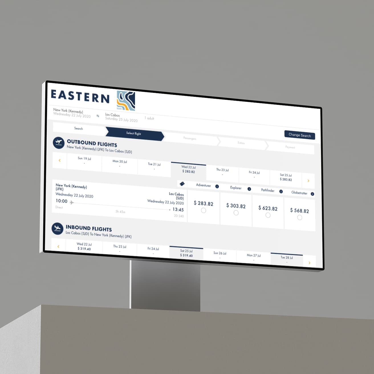 Left: Eastern booking website (outbound/inbound flight results with Adventurer, Explorer, Pathfinder, Globetrotter fare families) on a mo… (1 of 2)