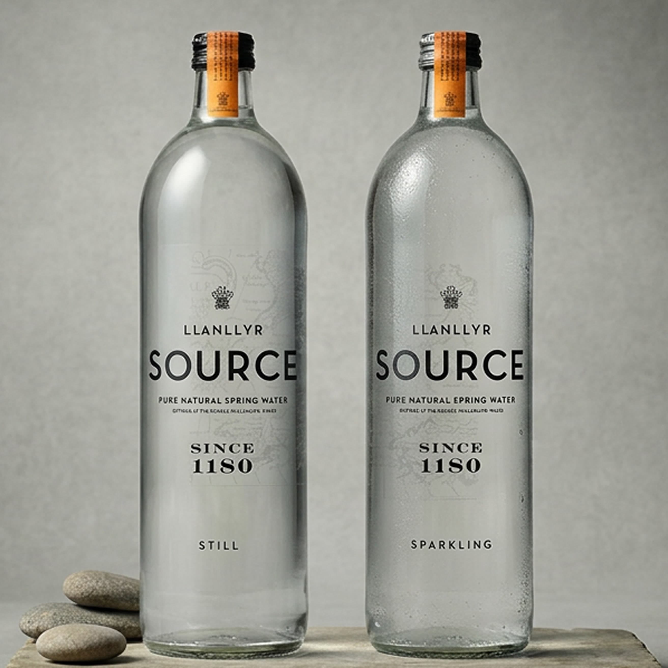 Left: still and sparkling bottles photographed on a pale stone surface with pebbles. (1 of 2)