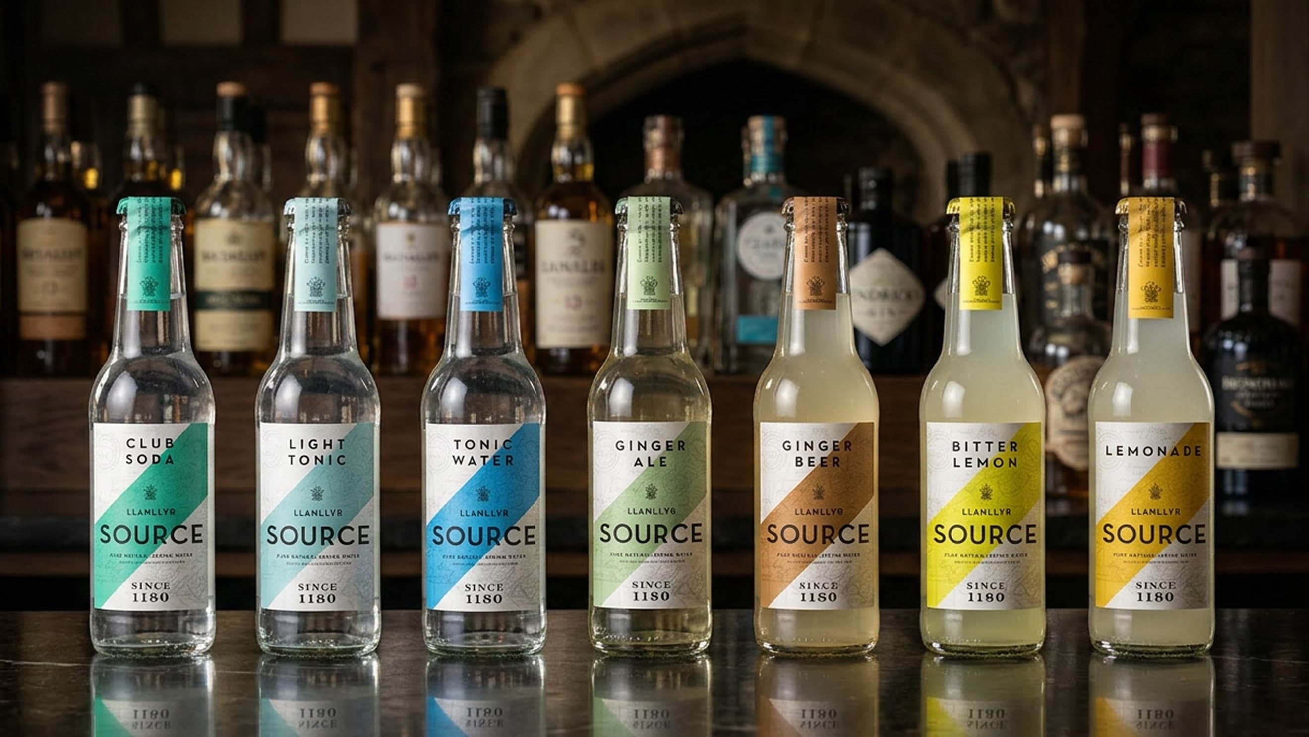 Full-width photo of the Llanllyr Source mixer range lined up on a bar top in front of a back bar of spirits, with reflections below