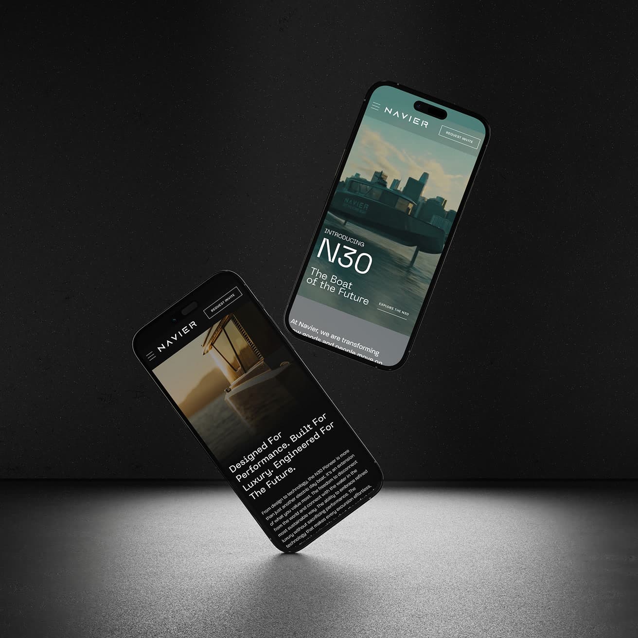 Left: two iPhones floating on a dark textured surface showing the Navier mobile site ('INTRODUCING N30 / The Boat of the Future’ and 'Des… (1 of 2)