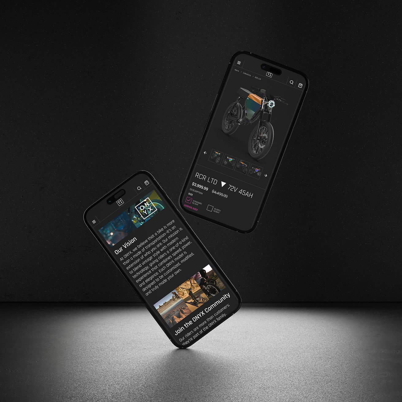 Left: two floating iPhone mockups of the Onyx mobile site (RCR LTD product page with 72V 45AH spec and price, and an 'Our Vision’ / 'Join… (1 of 2)