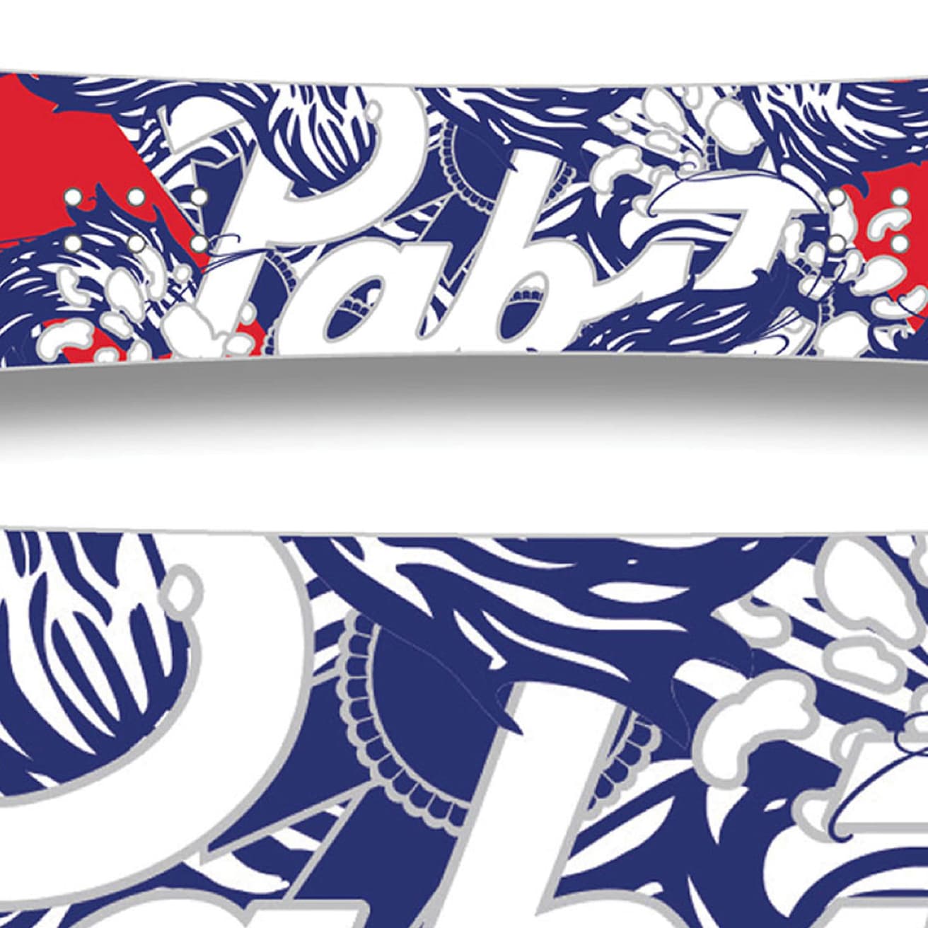 Left: Pabst Blue Ribbon bottle on black with an illustrated red-and-blue character-covered label, shown full and in close-up detail. (2 of 2)