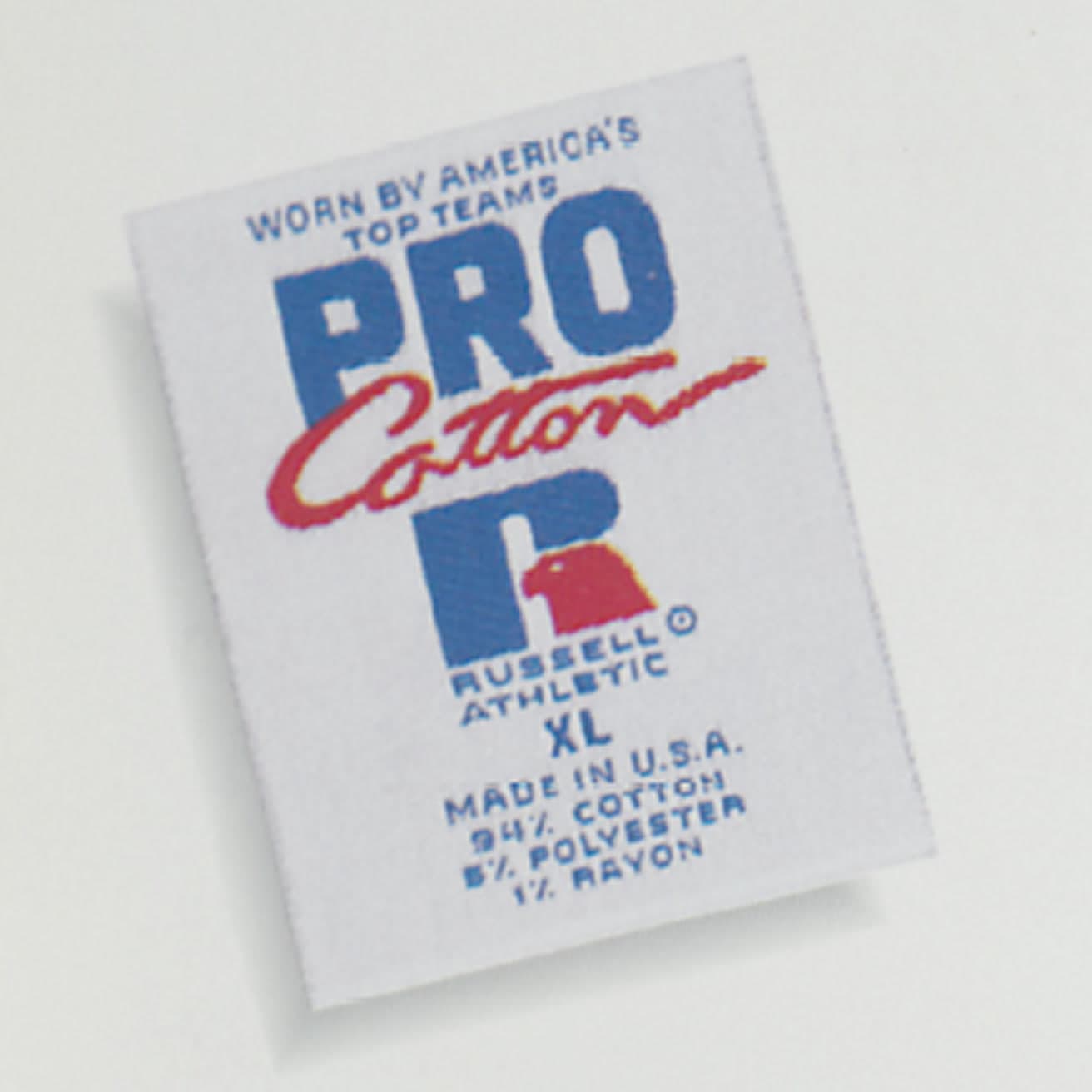 Two side-by-side photos: left, a person holding two cut cotton swatch patches with the Russell R logo over one eye; right, a vintage 'WOR… (2 of 2)