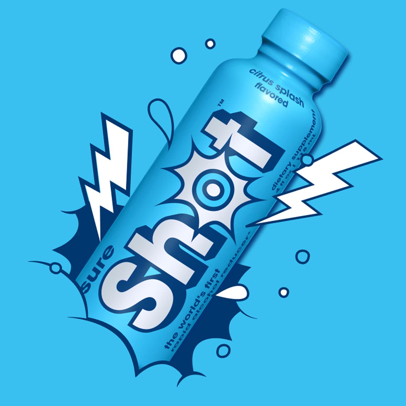 Full-width cyan lifestyle image of a man in sunglasses holding a Sure Shot bottle with comic-style lightning bolt and splash illustration… (3 of 3)
